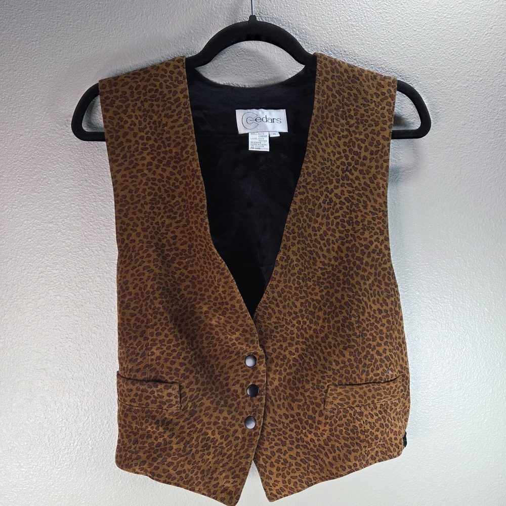 Vintage Cedars Leopard Print Leather Vest Womens Medium Brown Western 90s